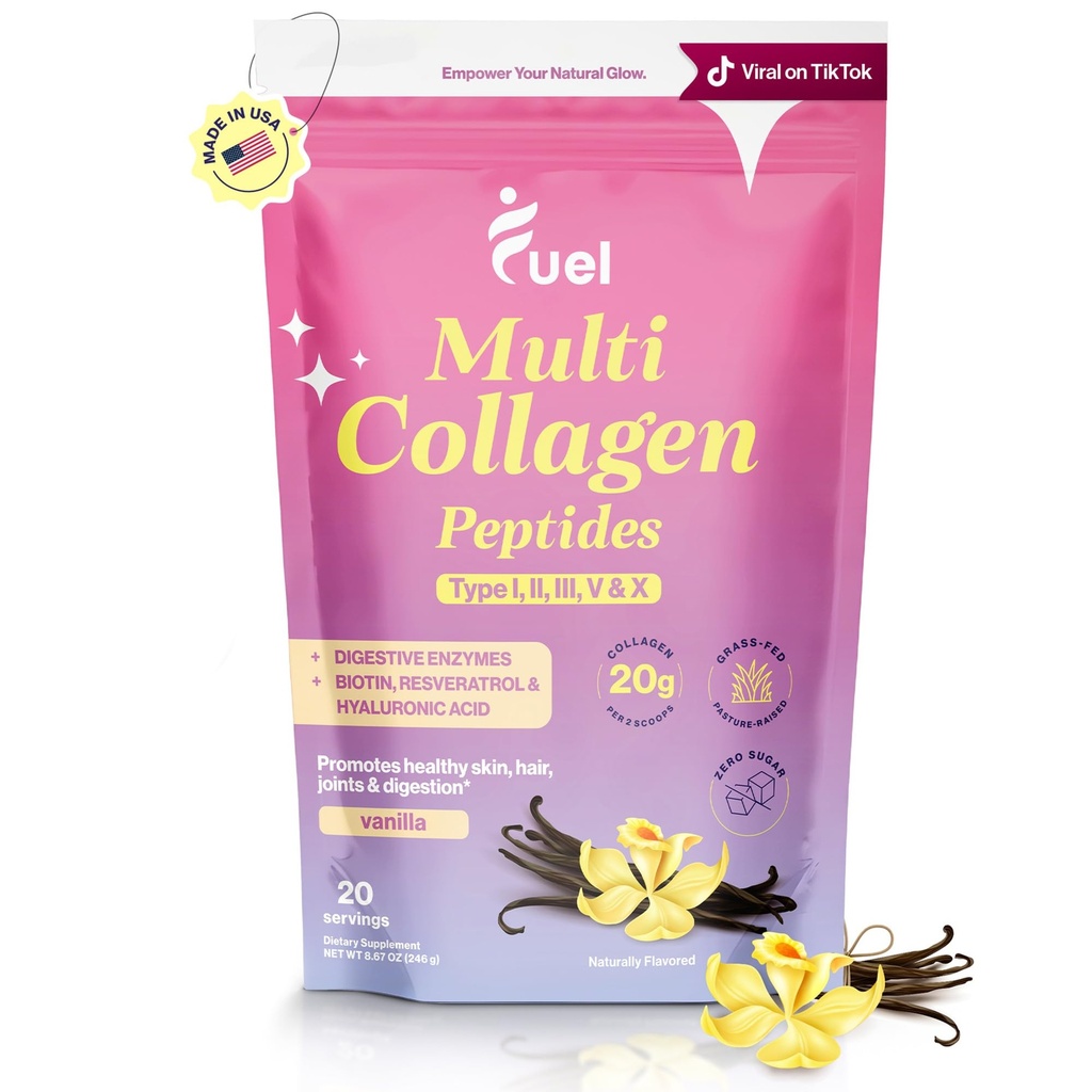 Üzemanyag Multi Collagen Peptides Powder - 20g Hidrolizált Collagen I, II, III, V & X haj, bőr, köröm és közös támogatás - Jobb abszorpció - Keto & Gluten Free, Francia Vanila 8.67oz