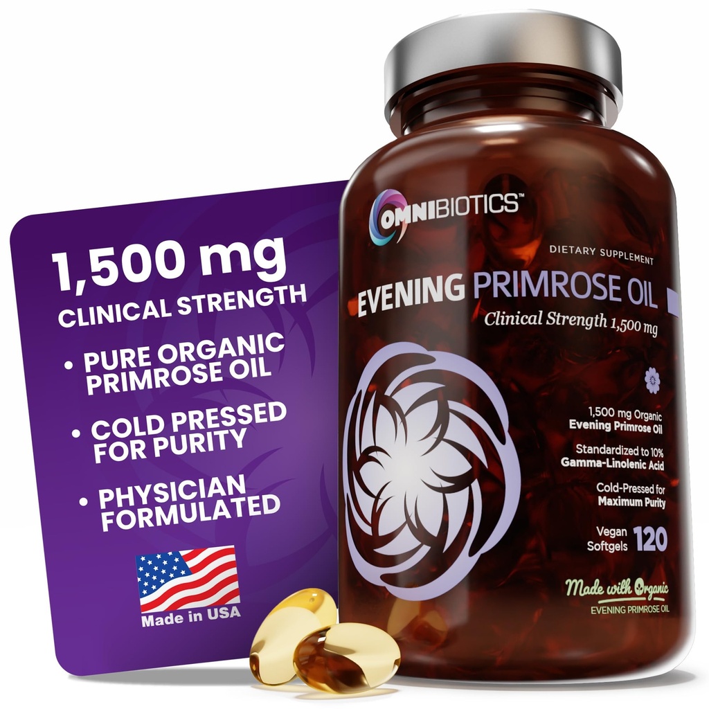 OmniBiotics Organic Evening Primrose Oil for Women - Clinical Strength 1500mg per Capsule, 10% GLA, Cold- Pressed, Non-GMO, Hormon Balance for Women - 120 Vegan Softgel Capsules