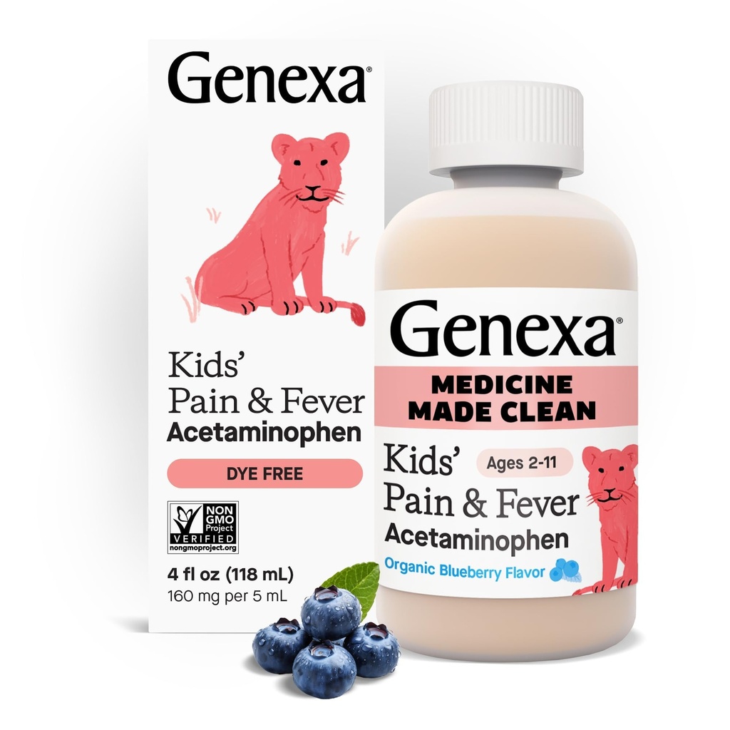 Genexa Children 's Clean Acetaminophen Waste124; Pediatrician Preferred Ingredients - 124; Pain & Fever Reducer for Kids - 124; Dye Free, 0% Mesterséges adalékok - 124; Ages 2- 11, Delicious Organic Blueberry Liquid, 4 fl oz