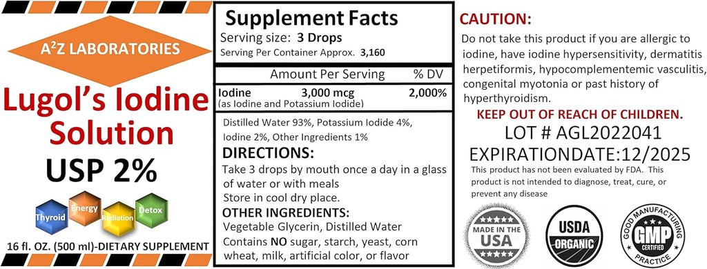 1x16 Organic Lugol 's Jodine and Kálium Iodide 2% Solution 3000 mcg -Liquid Supplement Drops for Thyroid Support for Women & Men, Metabolic Health, Detox Boost -16 Fl Oz / Ships Today!