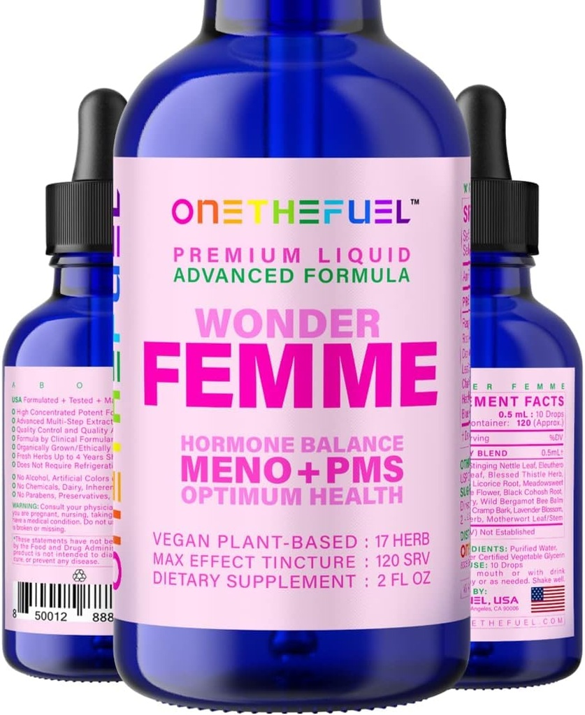 Wonder Femme pflanzenbasierte Hormon Balance Menopause Hot Flashes Relief Unterstützung 100% natürliche 17 Kräuter Frauen Estrogen Gesundheit Ergänzung Dong Quai Vitex + Fast Absorb Tincture 2 oz. Flüssig