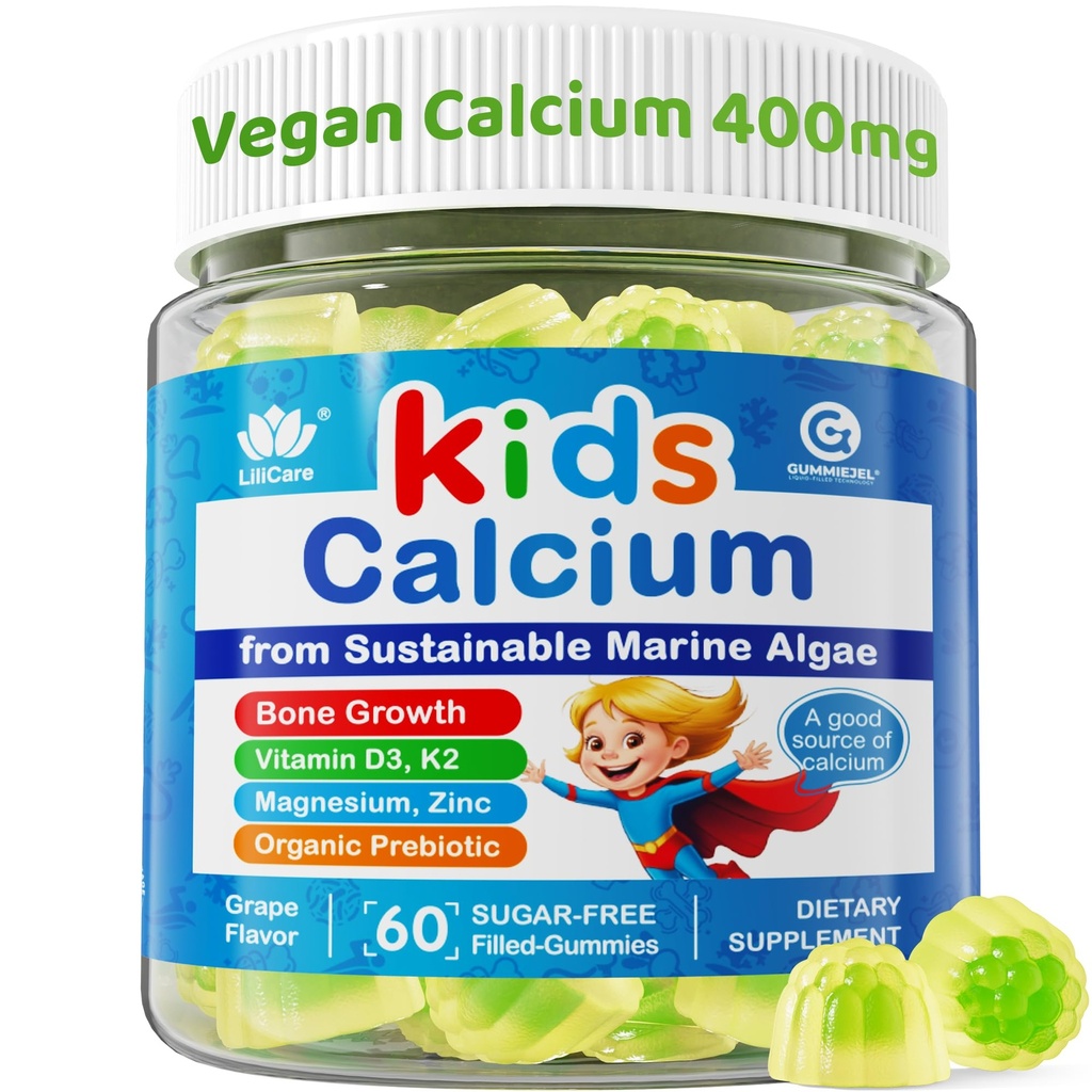 Kinder Kalziumgummis + Vitamin D3 K2, Magnesium, Zink, extra Absorption Algen Kalziumergänzung für Kinder gentle to Stomach, Knochen, Zähne, Muskel, Gehirn, Zucker freie Kaubare Kinder Vitamine 4+, 60 Zähler