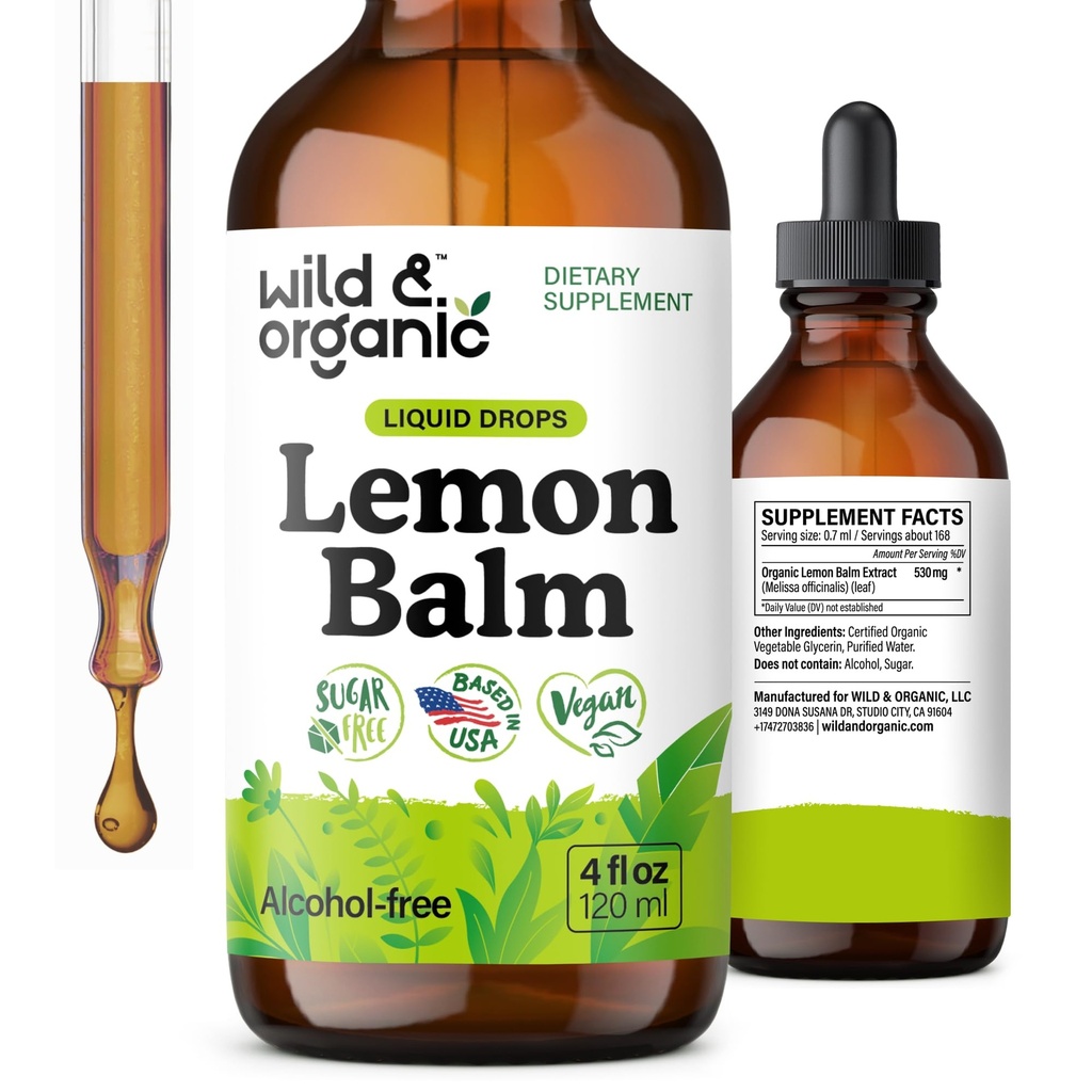 Wild & Organic Lemon Balm tinktúra - Hangulattámogatási kiegészítés - Melissa Lemon Balm Levélkivonat cseppek - Vegan, Sugar & Alcohol- Free Calming Supplement - 4 fl oz