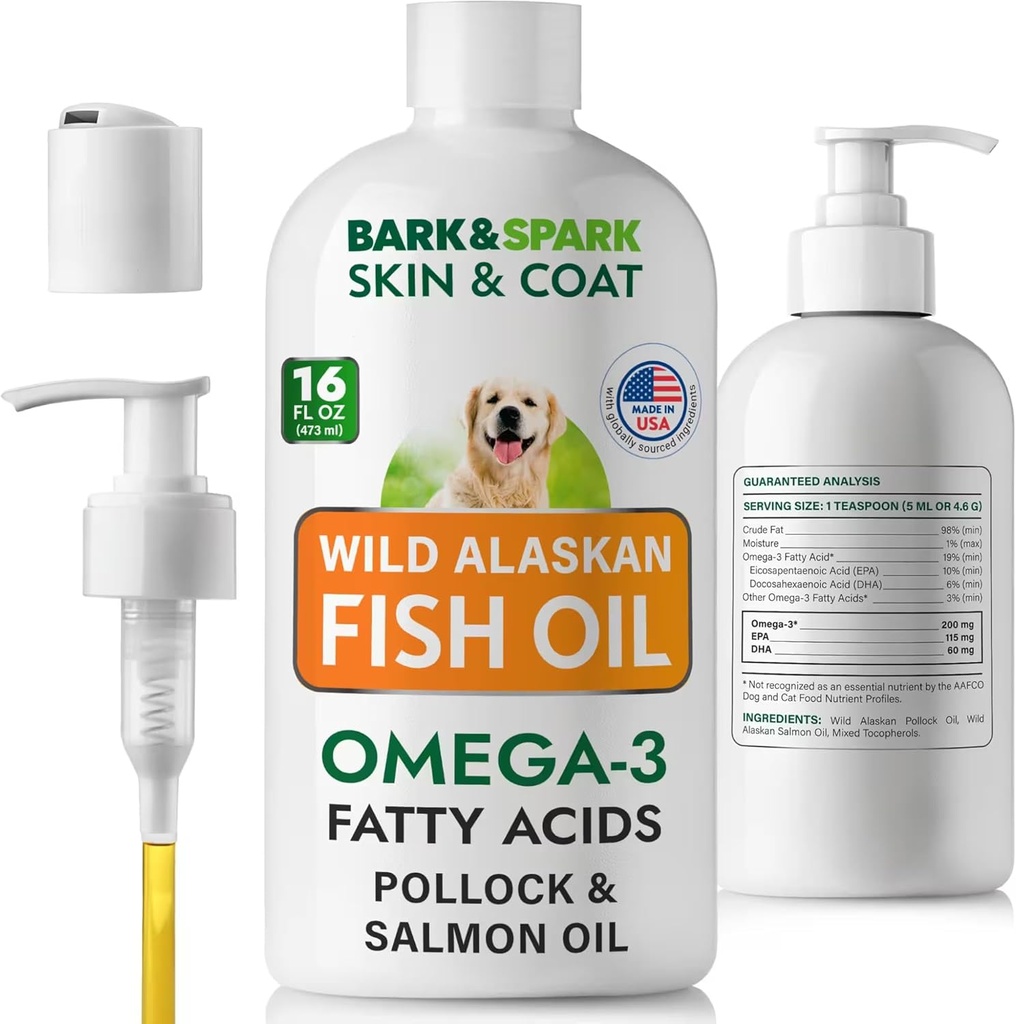 BARK&SPARK Fischöl für Hunde - Natürliche Omega-3-Skin & Coat-Unterstützung -Liquid Food Supplement für Haustiere-EPA+DHA Fettsäuren für Gelenkfunktion, Immun- und Körpergesundheit 16 (fl oz)-Sardine & Krill