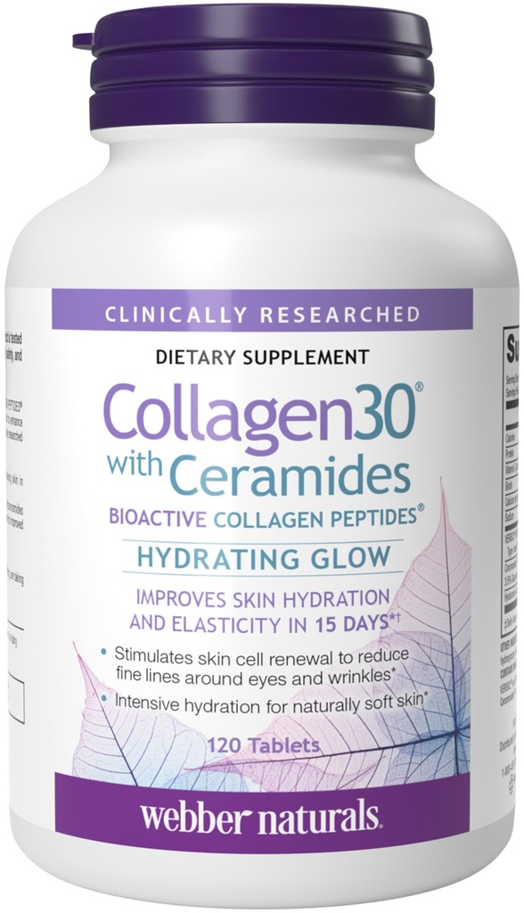 Webber Naturals Collagen30 mit Ceramide, Bioactive Collagen Peptides, 120 Tabletten, Hydrating Glow, Hilft die Haut Hydration, Elastizität und Glatte, Non GMO, Dairy & Gluten kostenlos zu verbessern