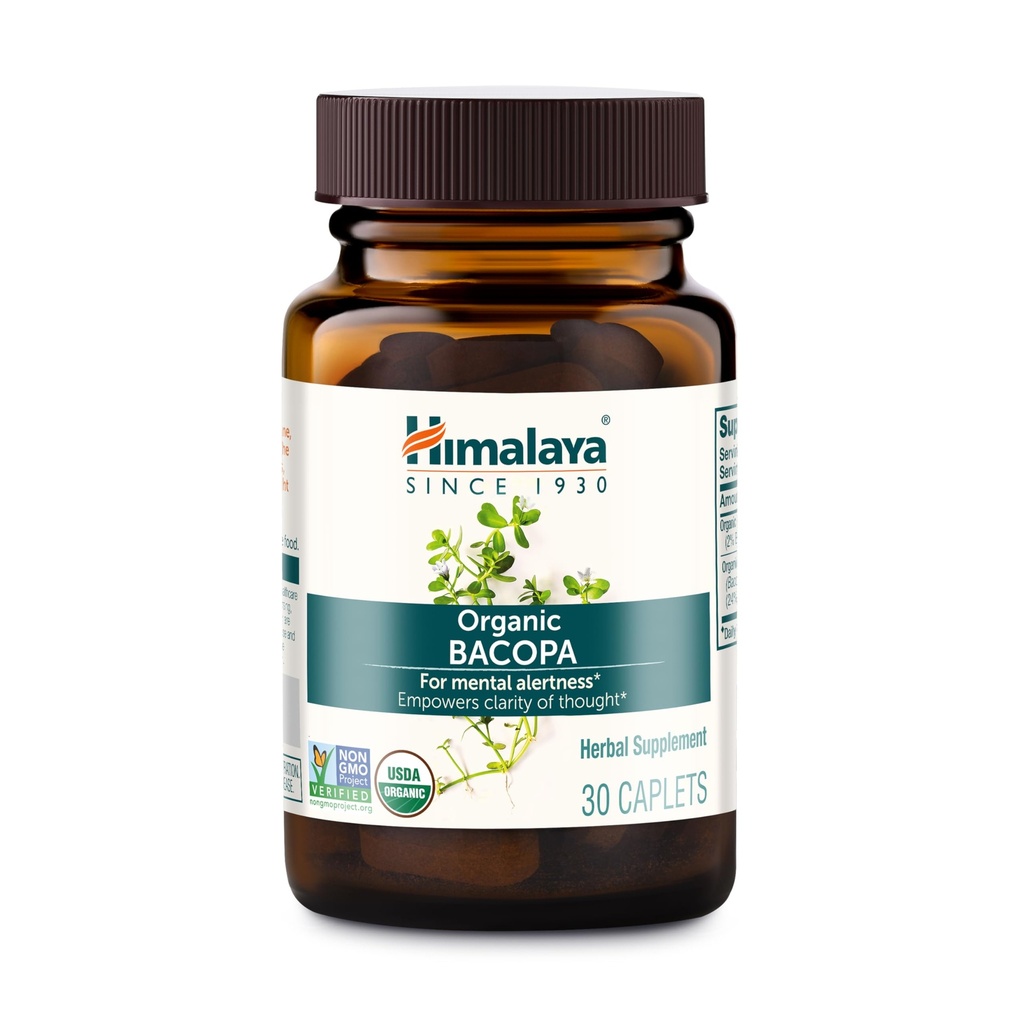 Himalaya Organic Bacopa - Bacopa Monnieri Herbal Brain Ergänzungen für Gedächtnis- und Fokusunterstützung - USDA Organic, Vegan, Non-GMO, Glutenfrei, 750 mg, 30 Caplets