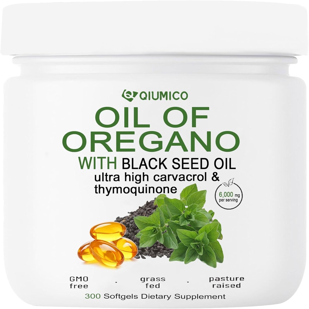 Öl von Oregano mit schwarzem Samen Öl Softgels, Oregano Öl Kapseln Bio, 2 in 1 6000mg Öl von Oregano mit schwarzem Samenöl 200mg, 300 Graf