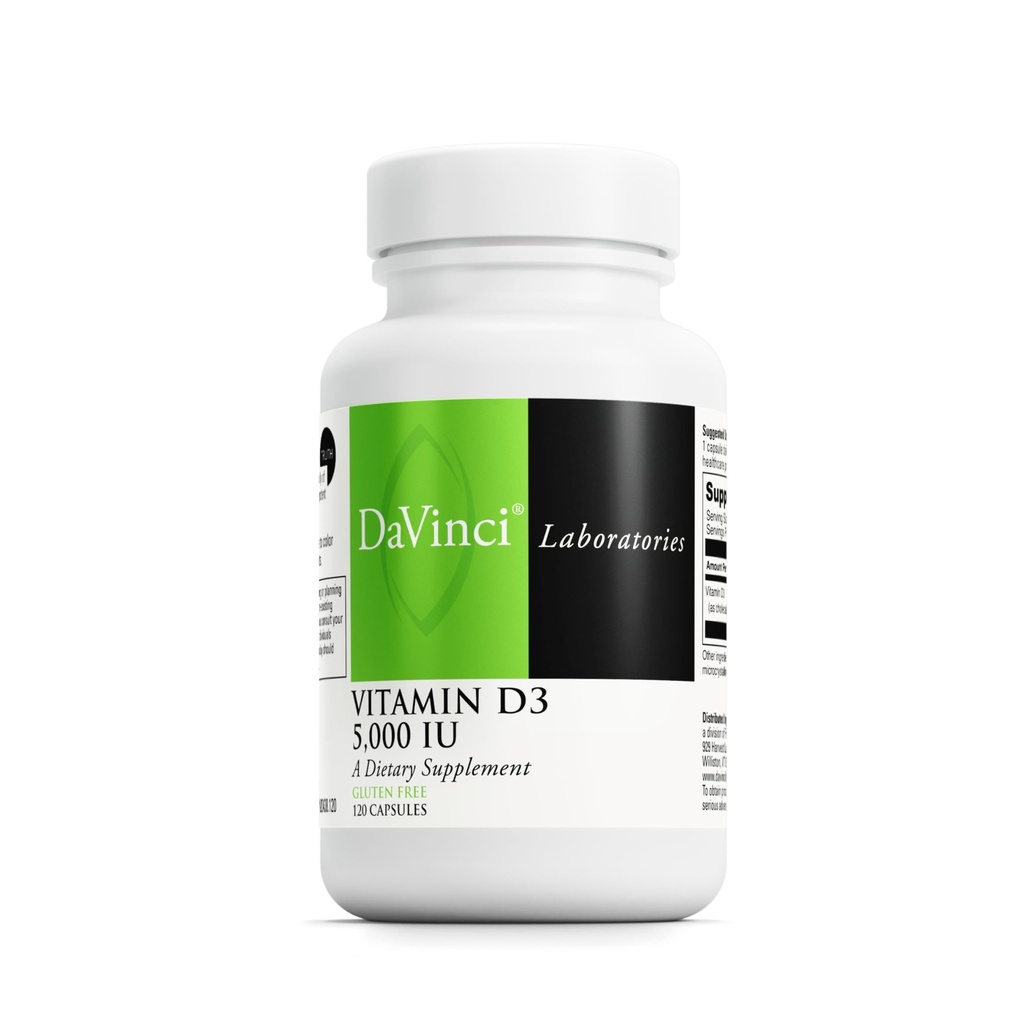 DAVINCI Labs D3-vitamin 5000 NE - Táplálékkiegészítés egészséges fogak és csontok, szív- és érrendszeri funkciók és immunegészség támogatására * - 5000 NE / adag - gluténmentes - 120 kapszula