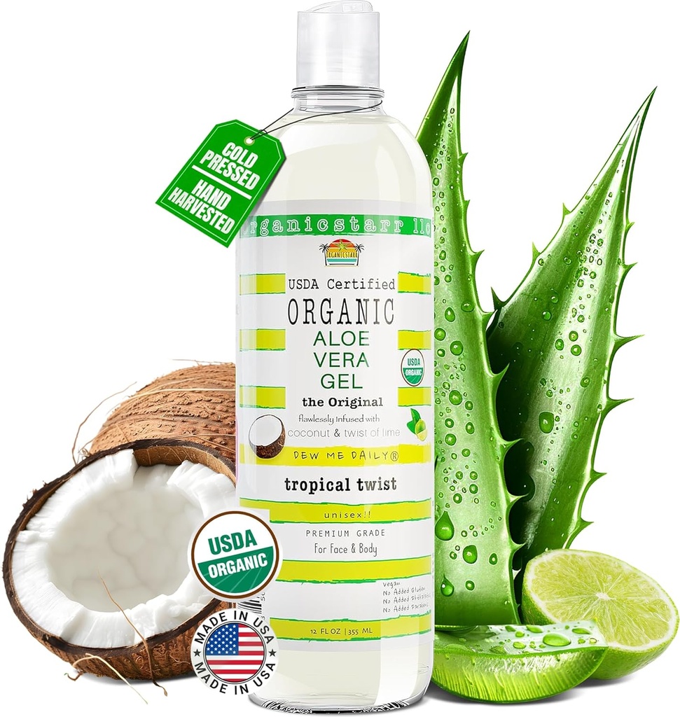 USDA Certified Organic Aloe Vera Gel 12 oz - 100% rein, kalt gepresst, Hand geerntet, mit Kokosnuss, Lime & Verbena ätherische Öle, chemisch-frei - Haut und Haarpflege, Made in USA