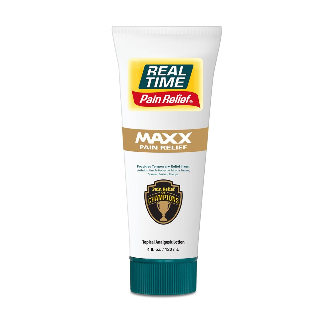 Real Time Pain Relief MAXX 4oz Tube | 18 Natürliche Inhaltsstoffe: Arnica, Menthol & Peppermint | Maximale Stärke Muskel Schmerzen Relief Lotion für Arthritis, Hände, Knöchel, Rücken, Schultern, Knie & Gelenke