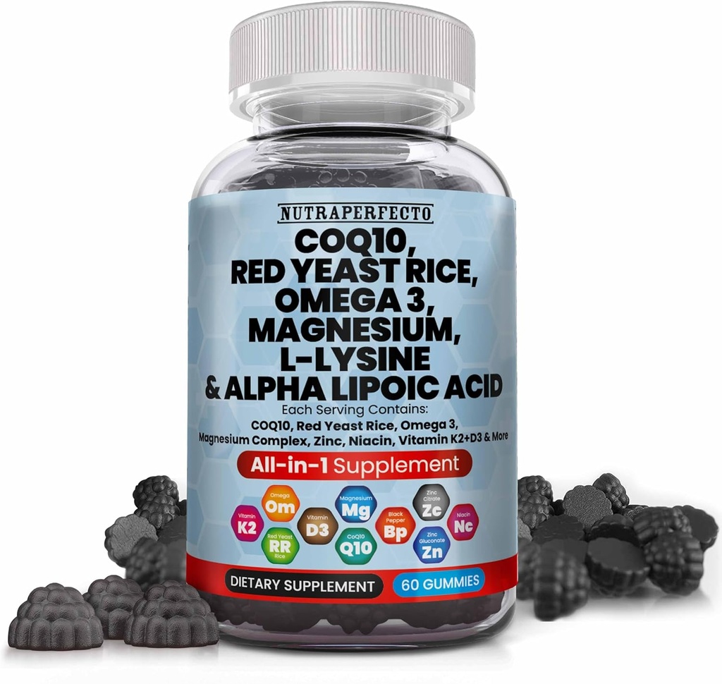 L-Lysine Coq10 Alpha Lipoic Acid Gummis Red Yeast Rice Magnesium Gummy für Erwachsene und Kinder - Aminosäure ergänzt Omega 3 Niacin Zink Vitamin K2 D3 B3 - Vitamine für Damen und Herren - 60 Gummy Bears