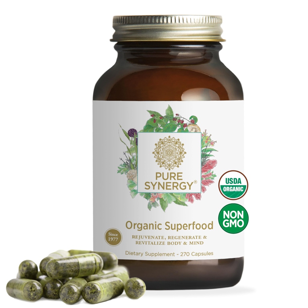 PURE SYNERGY Superfood Capsules | Organic Superfood & Greens Supplement | Ganze Lebensmittel wie Super Greens, Spirulina, & Pilze | für Energie, Gesundes Altern & Immune Gesundheit (270 Kapseln)