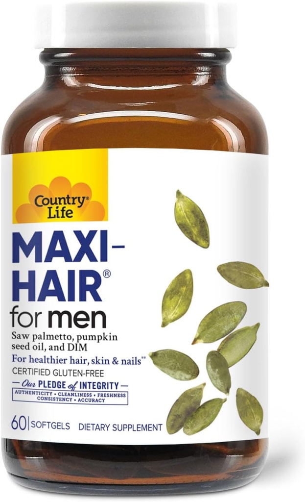 Country Life Maxi-Hair für Herren - 2000mcg Biotin, Saw Palmetto, Kürbis Seed Oil, DIM, Kalium, Magnesium, Calcium & Zink Blend - Unterstützt gesünderes Haar, Kopfhaut, Haut und Nägel, 60 Vegan Kapseln