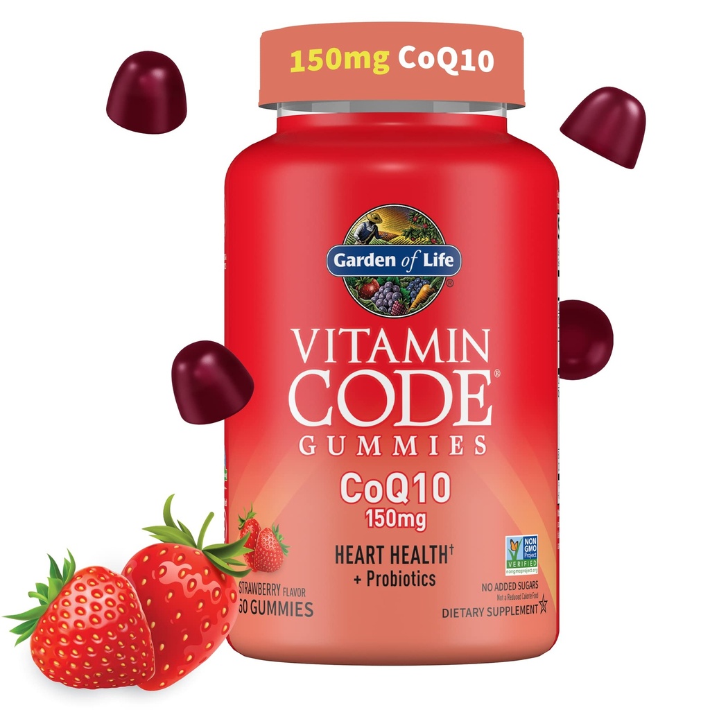 Garten des Lebens Vitamin Code CoQ10 Gummie 150 mg, Coenzym Q10 für Herzgesundheit, Energieproduktion & Gesunde Alterung + Präbiotika & Probiotika für Verdauung, Non-GMO, Glutenfrei, 60 Erdbeer-Gummien