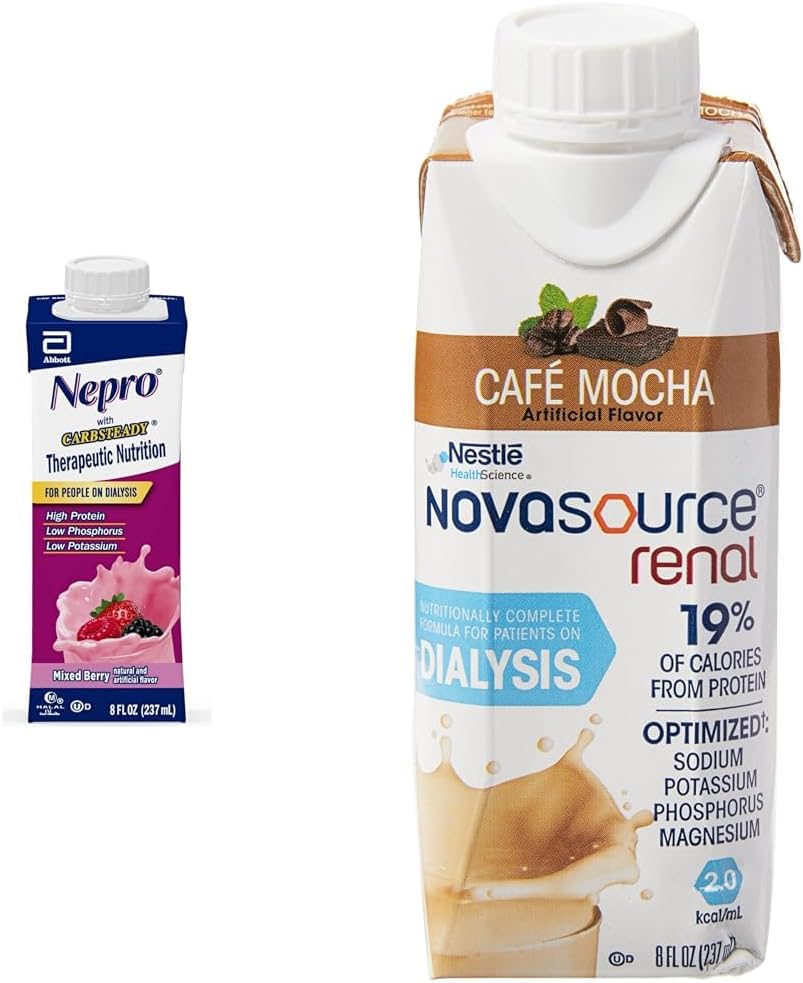 Nepro Nutrition Shake für Dialysepatienten mit 19g Protein, 420 Kalorien, Mischbeere, 24 Zähler und NOVASOURCE Nierenformel für Dialysepatienten mit 475 Kalorien, 22g Protein, Mocha, 24 Zähler