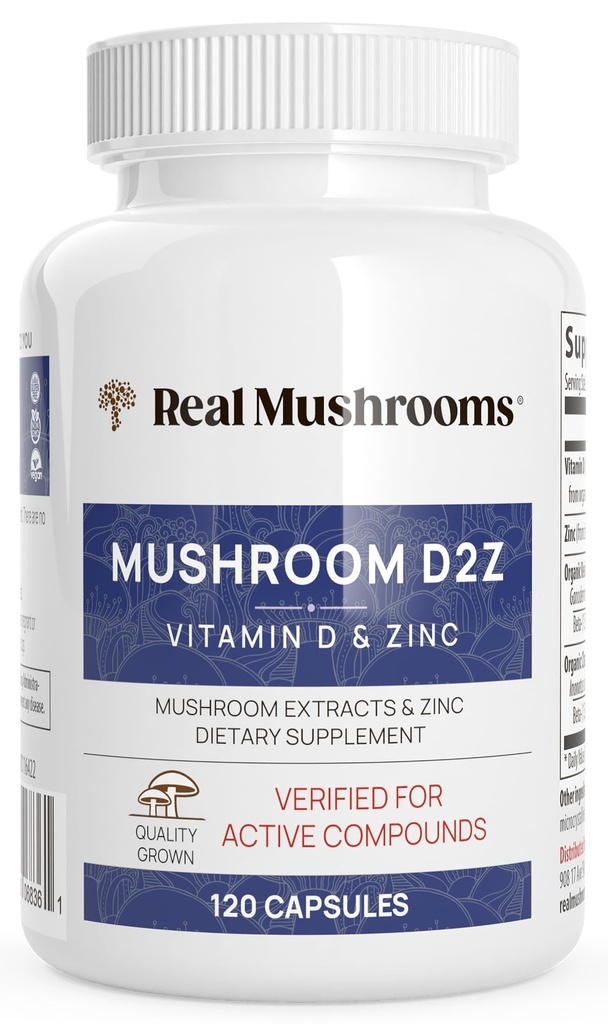 Echte Pilze Zink und Vitamin D2 Kapseln – mit Organischen Chaga und Reishi Pilz-Extrakten – Vitamine für Gesamt-Wellness-Unterstützung – Vegan, Non-GMO, Gluten-Free – 120 Count Mushroom Supplement