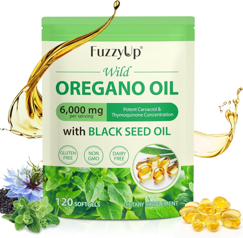 Oregano Öl Kapseln, 2 in 1 6000mg Öl von Oregano mit schwarzem Seed Öl 200mg, Öl von Oregano Softgels 120 Count, Bio Oregano Öl Kapseln, Immununterstützung, Non-GMO, Dairy-Free, Gluten-Free