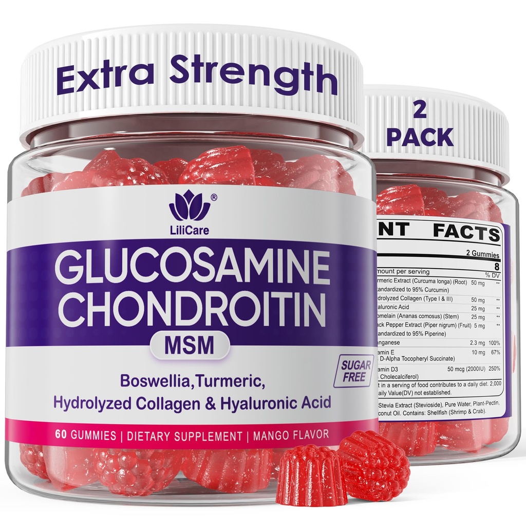 Glucosamin Chondroitin Gummie, Zucker freie Glucosamin Chondroitin MSM Ergänzung, Extrastärke mit Boswellia Turmeric, hydrolysierte Collagen & Hyaluronsäure, Knochengesundheit für Männer & Frauen, 120 Cts