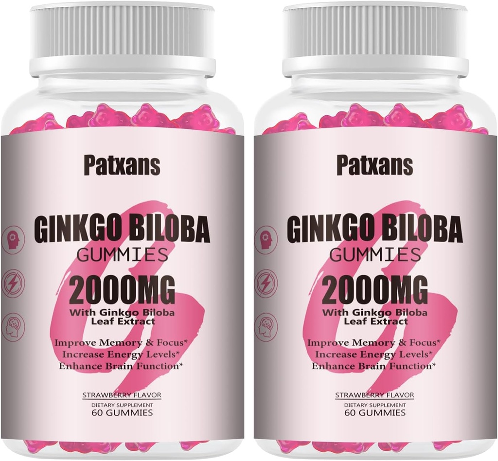 2 Packs 2000mg Ginkgo Biloba Gummis - Ginkgo Biloba Ergänzungen für Gehirngesundheit Unterstützung, Verbesserung Mood und Fokus, Energie, Erwachsene, Erdbeeren Flavor, 120 Count