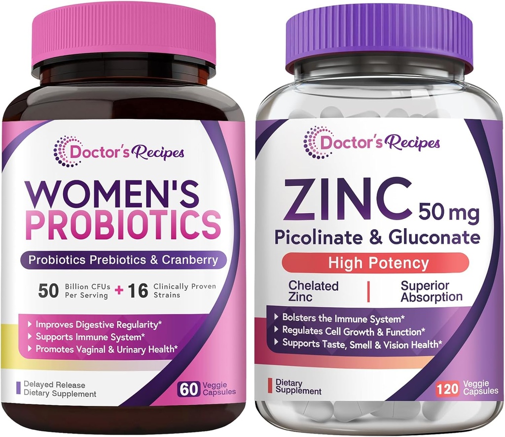 Orvosi receptek Nők probiotikus & cink bundle, emésztőrendszeri, hüvelyi és húgyúti egészség, természetes immunvédelem, késleltetett kiadás probiotikus kapszula 60ct & cink kapszula 120