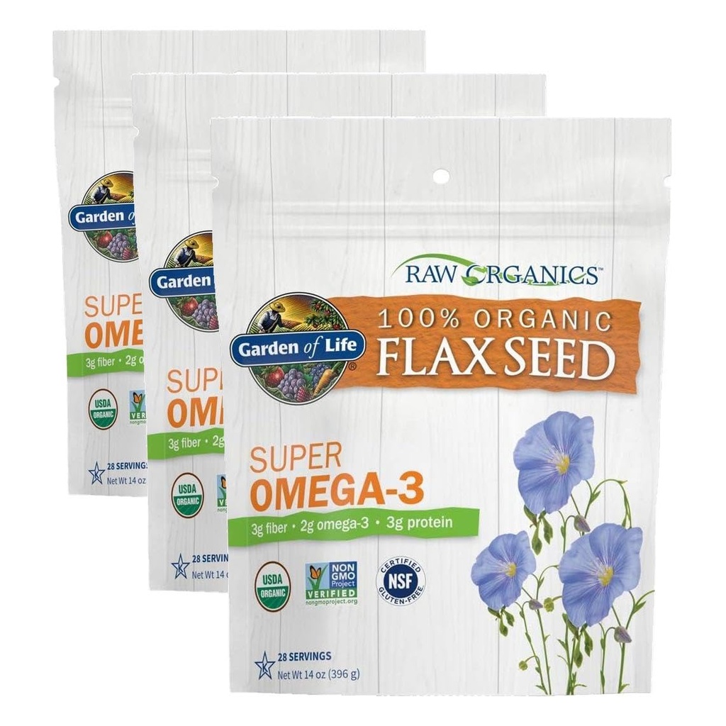 Garten des Lebens 100% Bio Boden Flax Seed, Kalt gefräst Premium Golden Flaxseed Mahlzeit für Frauen und Männer, 2g Omega 3, Lignans, 3g Fiber, 3g Protein, Ein Ingredient, Konservierungsmittelfrei, 28 Portionen (Pack von 3)
