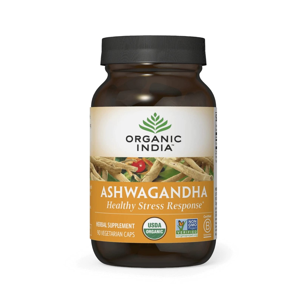 ORGANIC INDIA Ashwagandha Capsules - Organic Ashwagandha Supplement - Vegan Ashwagandha Root, Gluten-Free, Kosher, Non-GMO, unterstützt Stress Relief, Energie und Schlaf - 90 Kapseln