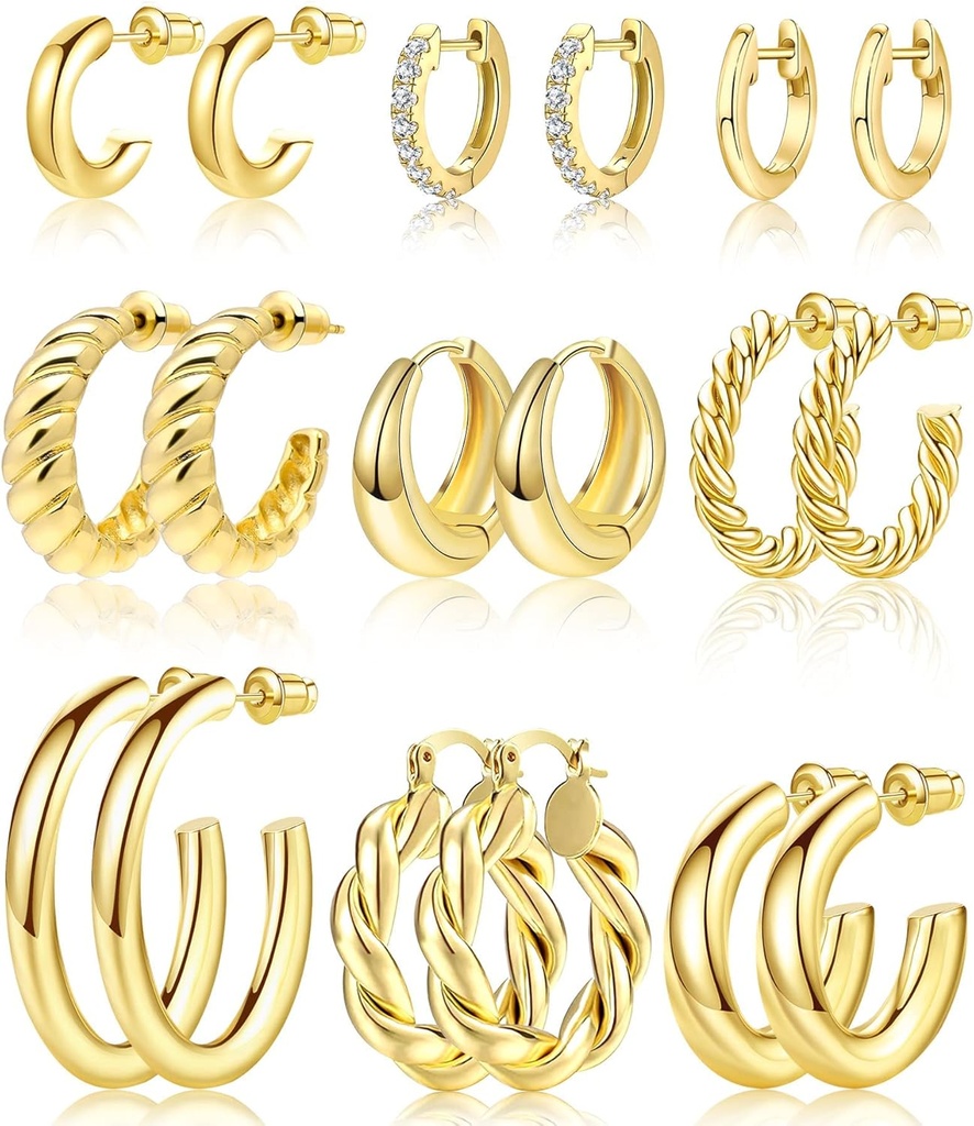 Adoyi 9 Pairs Gold Hoop Earrings Set for Womens Twisted Huggie Hoops Earrings 14K 18K Gold plated for Girls Valentines Mother 's Day gifts Lightweight