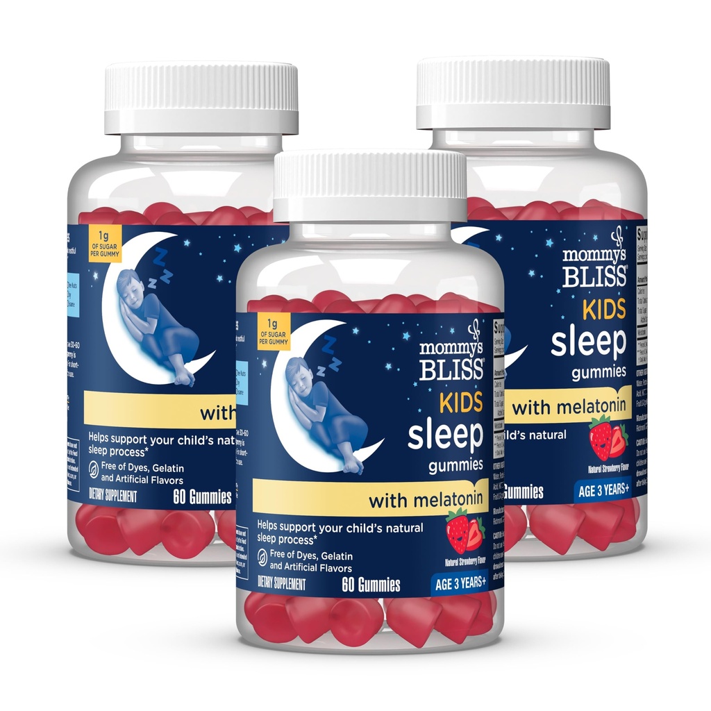 Mommy's Bliss Kids schlafen Gummis mit Melatonin, unterstützen Sie Ihren natürlichen Schlafprozess, Alter 3 Jahre für Erwachsene, Erdbeergeschmack, 1G Zucker, 60 Gummis (Paket von 3)