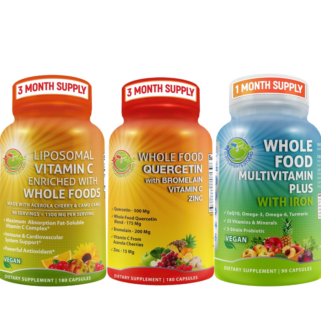 Teljes napi vitaminok - Quercetin Bromelain kiegészítés Bundle Up Multivitamin Plus férfiaknak és nőknek vas és liposzómás C-vitamin folyékony gél - az immun, légzőszervi, emésztési támogatás