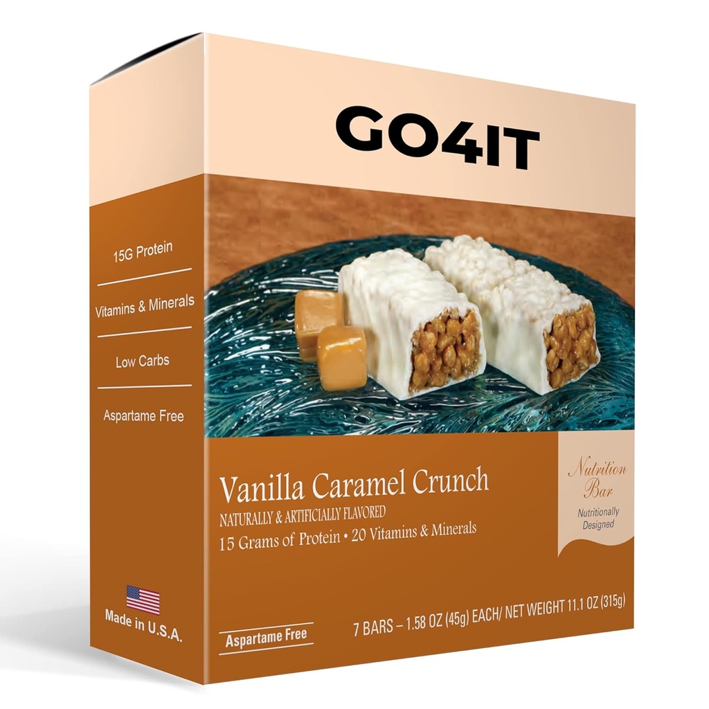 GO4IT Health Meal Ersatz Bar, HIGH Protein Nutrition Bar, HIGH Fiber, LOW Calories, KETO freundlich, On-the-go, Weight Loss Food Bar, 7/Box - (Vanilla Caramel Crunch)