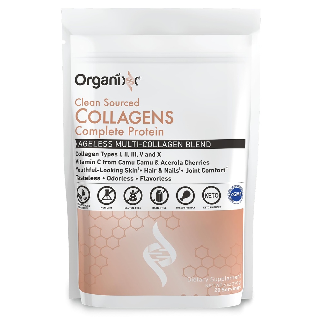 Organixx Collagen Peptides Pulver mit Vitamin C, Typen I, II, III, V, X Hydrolysiertes Kollagen, Haar, Nagel, Haut, Knochen & Gelenke Gesundheit, Aging Support, Clean Sourced, Glutenfrei, Unflavored, 20 Servierungen