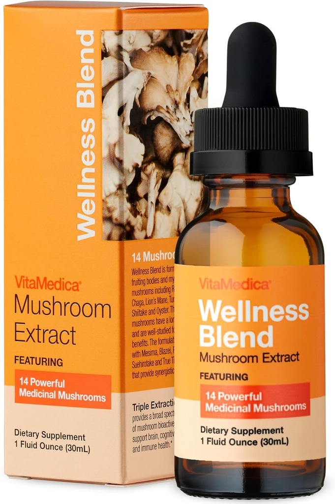 VitaMedica | Wellness Blend Mushroom Extract | Natural Health Booster | Organic | Reishi | Cordyceps | Lion’s Mane | Turkey Tail | Chaga | Agarikon | Mushroom Supplements | Made in USA | 30 Servings