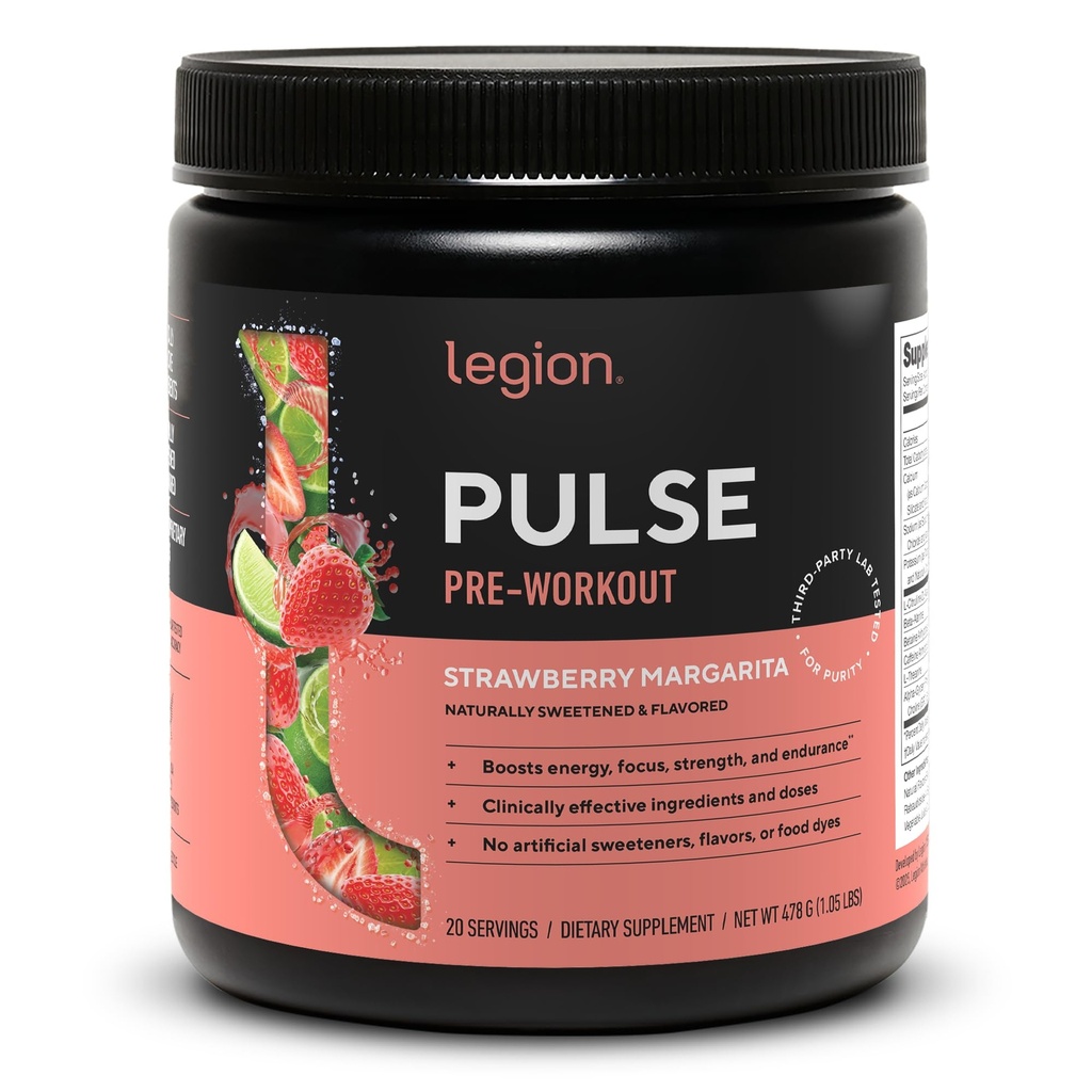 LEGION Pulse Pre Workout - All Natural Nitric Oxide Pretussion Drink to Boost Energy, Creatine Free, Naturally Sweared, Beta Alanine, Citrulline, Alpha GPC (Strawberry Margarita)