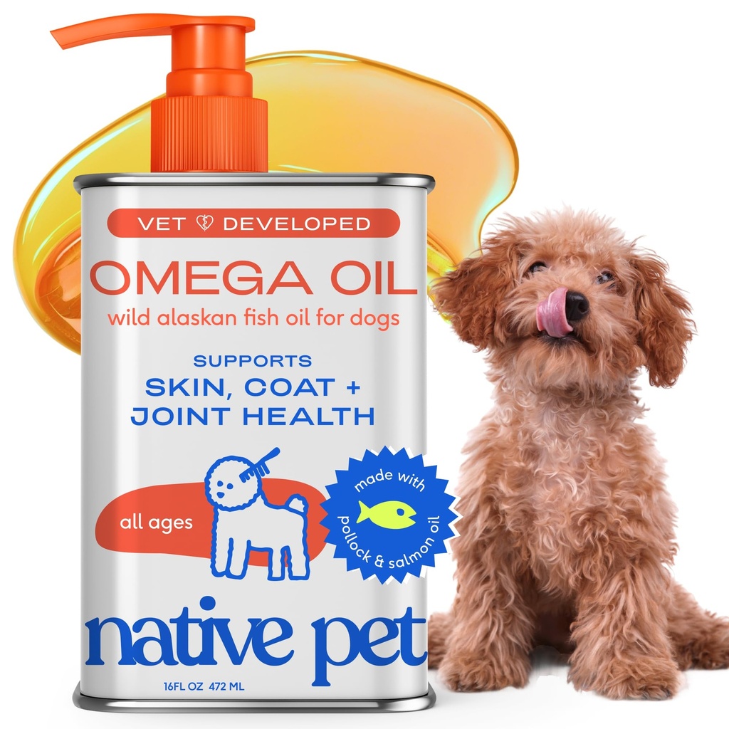 Natives Pet Omega 3 Fischöl für Hunde & Katzen - Fördert gesunde Haut, glänzender Mantel, & starke Gelenke - Hergestellt mit Wild Alaskan Lachsöl für Hunde – Tasty, Fast-Absorbing Omega 3 6 9 Liquid Supplement-16oz