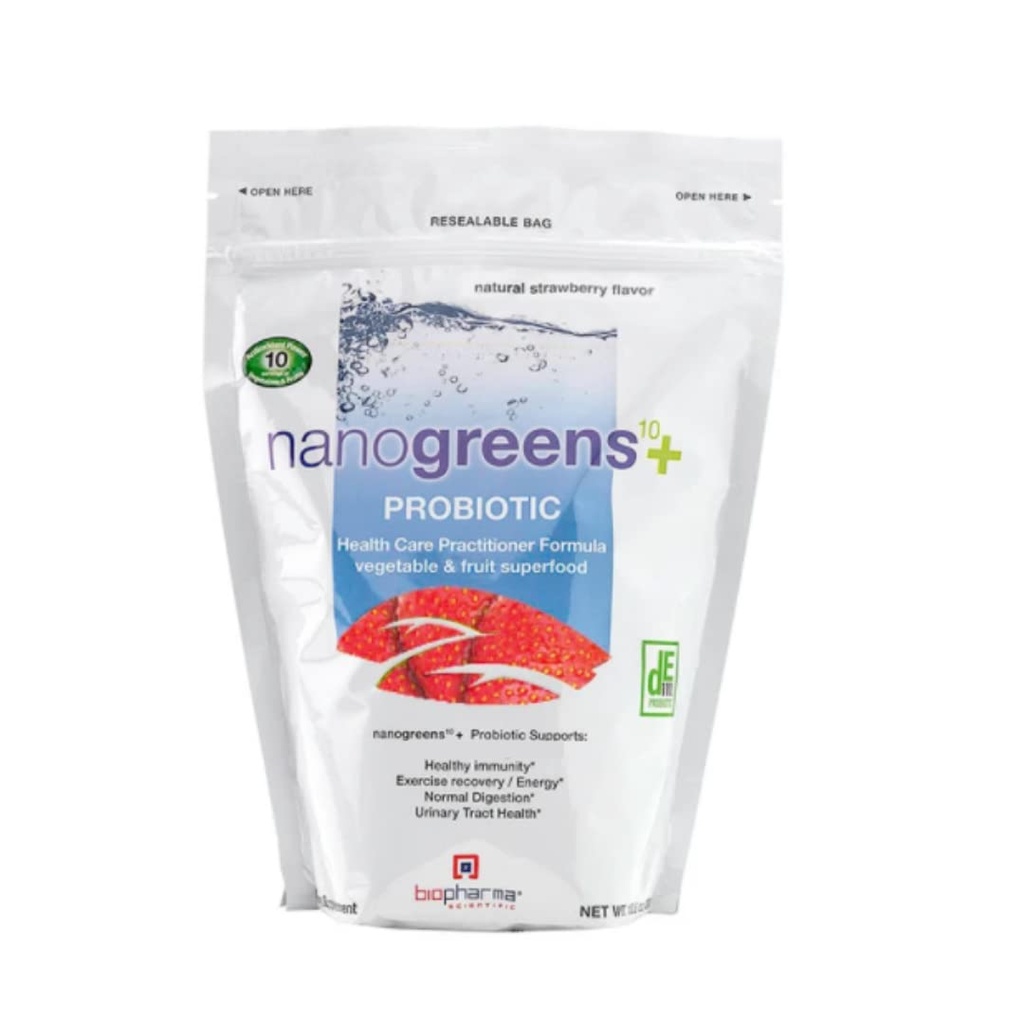 Biopharma Scientific Nanogreens+Probiotic: Greens Superfood Fruit & Vegetable Powder Smoothie Mix & 5 Billion Probiotics für Verdauungsmedizin mit Spirulina, Chlorella, Erdbeer-Flamour, 30 Portionen