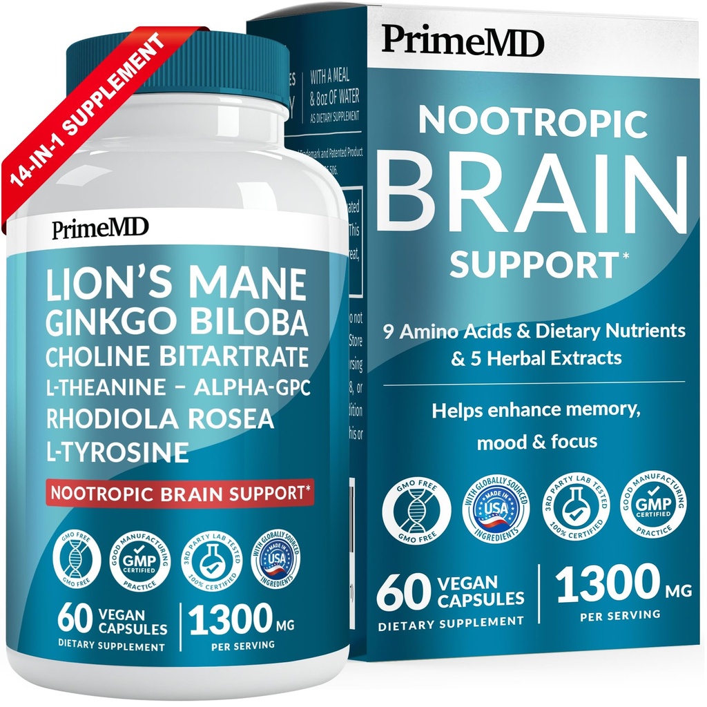 14-in-1 Lions Mane Supplement Kapseln - Nootropic Brain Supplement mit Ginkgo Biloba für Gehirnunterstützung, Gedächtnis und Fokus - Alpha GPC, L Theanine & Choline Ergänzungen mit 1300mg pro Servierung (60 ct)
