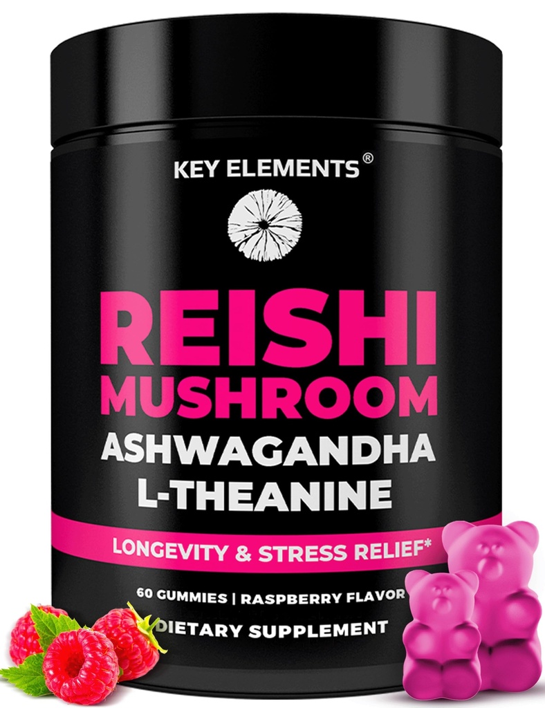Natürliche Reishi Pilz-Gummien & L Theanine mit Ashwagandha - Potent Mushroom Ergänzungen für Immununterstützung, Stress-Relief & Verbesserung Schlaf-Gummien - Ashwagandha-Gummien für Frauen & Men