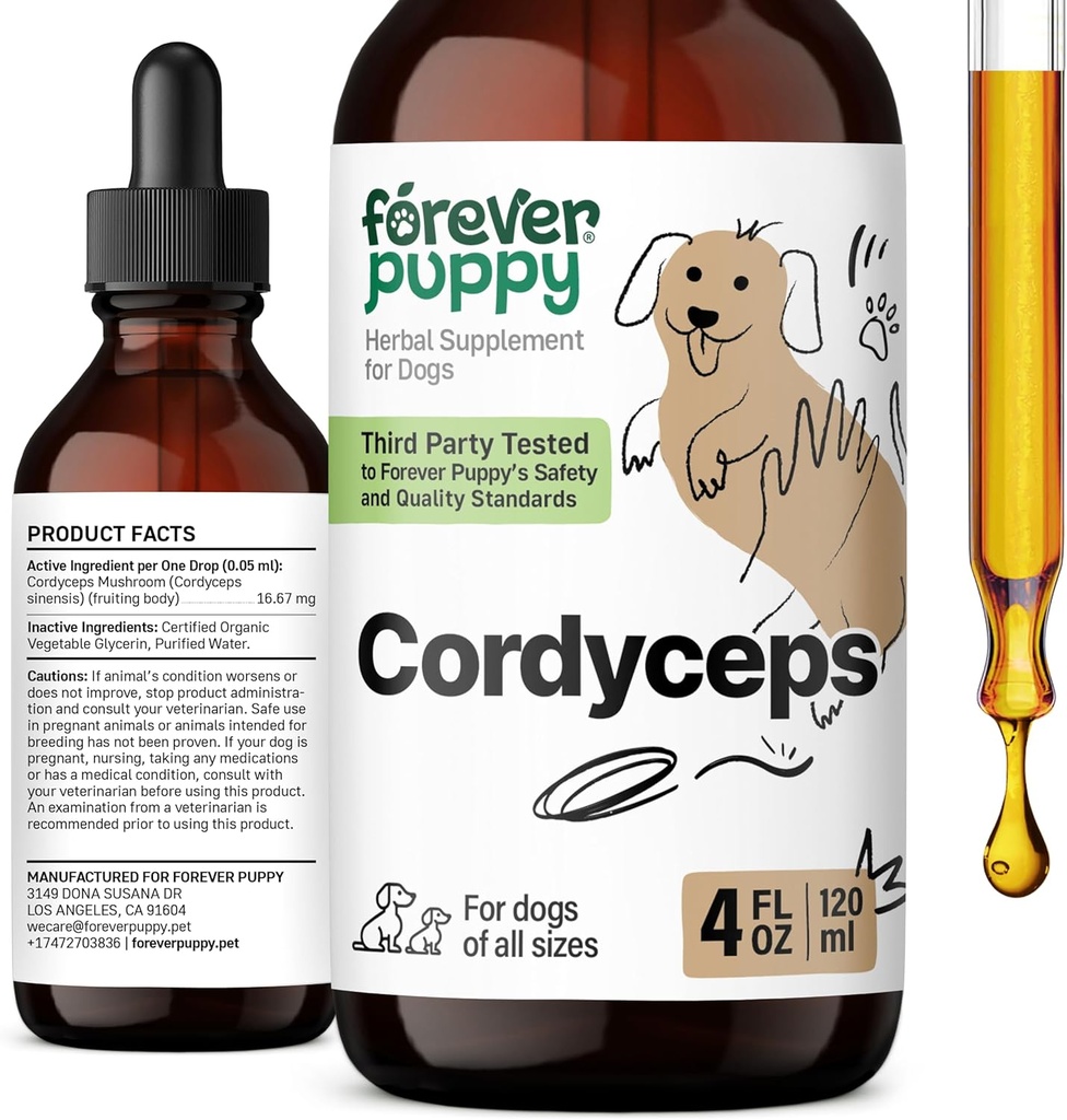Forever Welpen Cordyceps Pilzextrakt für Hunde - Liquid Energy Support Supplement w/Cordyceps Sinensis für Kidney Cleanse - Pilztropfen für Hunde Canine Kidney Health Support - 4 oz