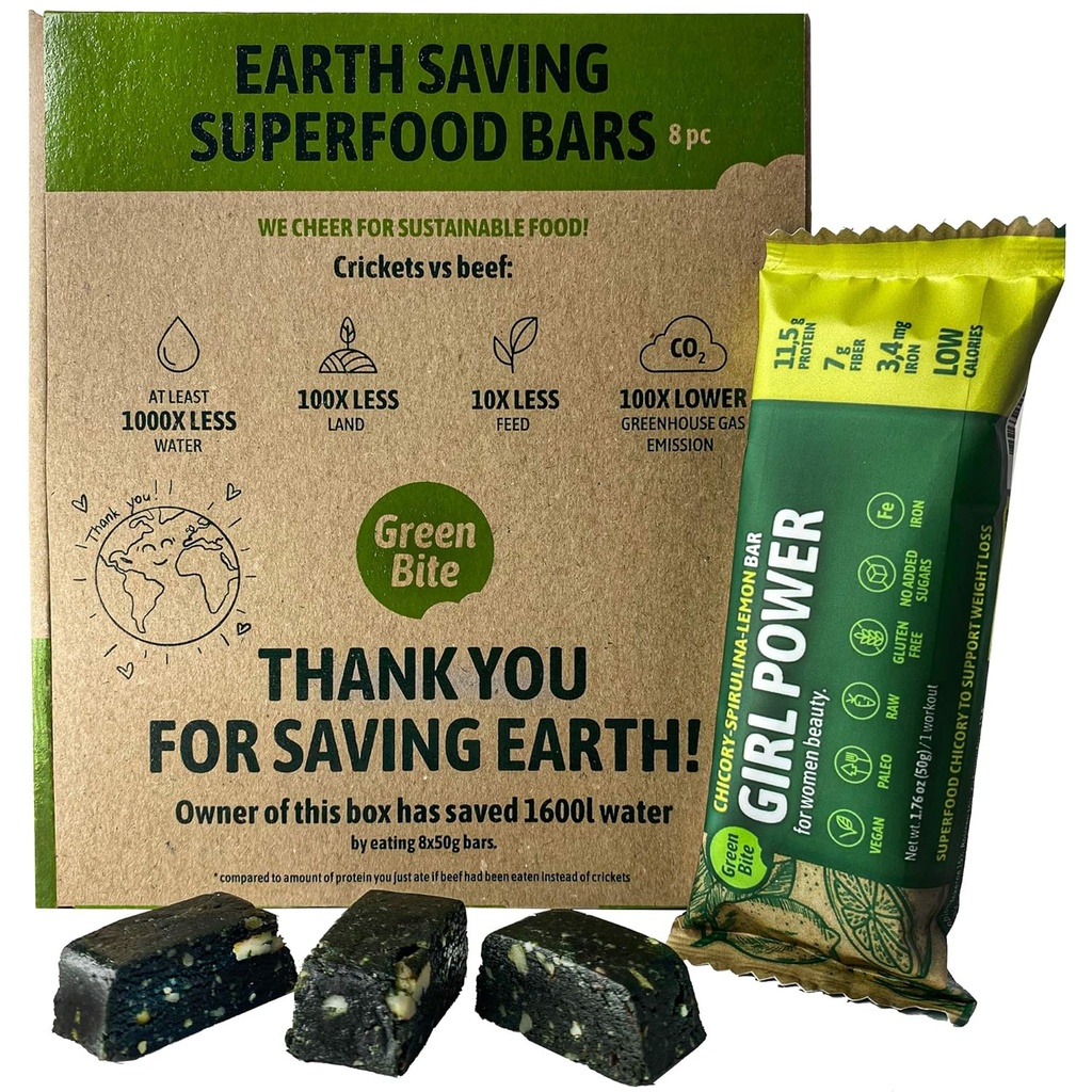 Girl Power Protein Bars Low Calorie High Protein, Meal Replacement Bars für beste Figur, Vegan Protein Snacks, Eisen-Rich Protein Bars, Kein Zucker, Chicory Spirulina Lemon Flavor, Packung mit 8 - Grün Bite