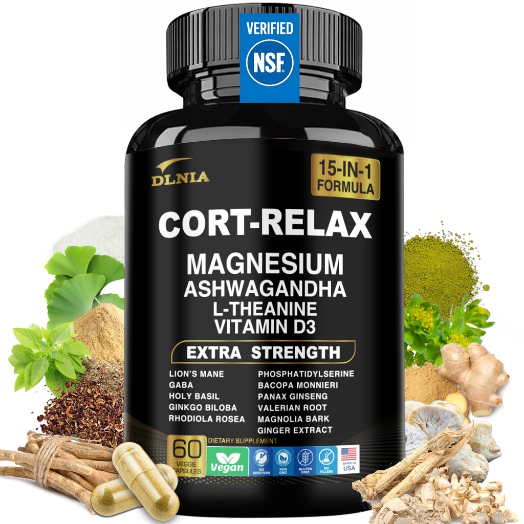Super Calm Cortisol Supplement mit Magnesium Glycinat, Ashwagandha KSM-66, L-Theanin, Phosphatidylserine, Ginkgo Biloba & Lions Mane für Ruhe, Fokus, Mental Clarity, Relaxation, Schlaf, Energie