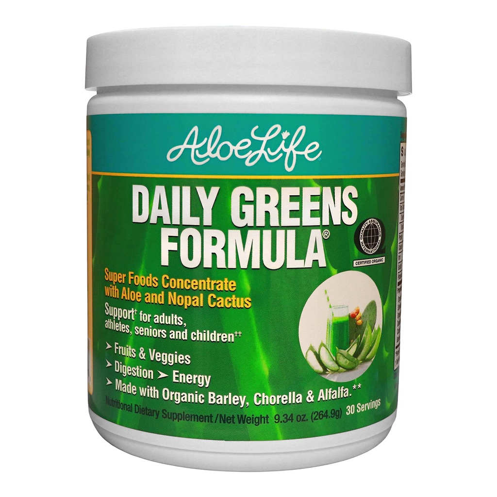 Aloe Life - Daily Greens Powder, QAI- Certified Organic Health Supplement, Antioxidánsok, 21 Gyümölcsök, Veggies, & Herbs Beleértve Aloe & Nopal Cactus, Low- Calorie, Keto- Friendly, Gluten- Free (30 Servings)