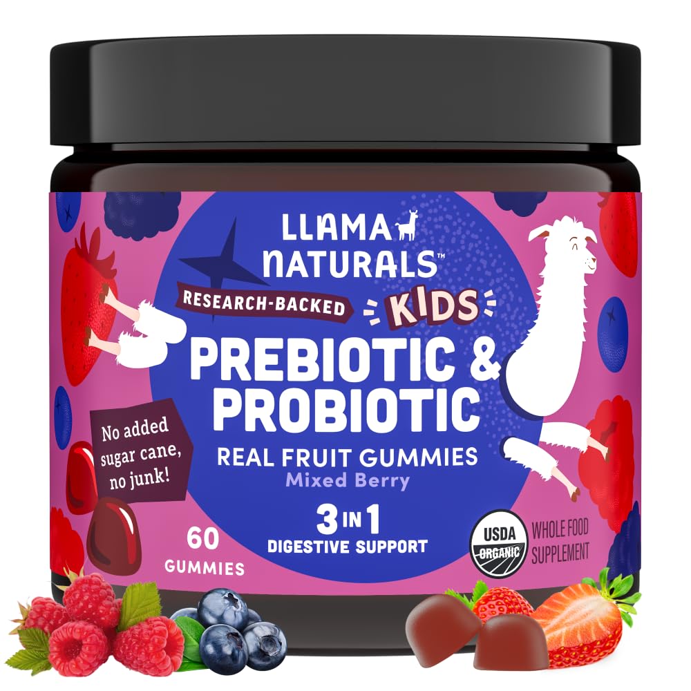 Llama Naturals Kids Probiotic with Prebiotic Fiber, Vegan, Organic Prebiotics and Probiotics Gumies for Gut Health Support, Toddler Real Fruit Gumi Vitamins, No Added Sugar Cane, Mixed Berry, 60 Ct
