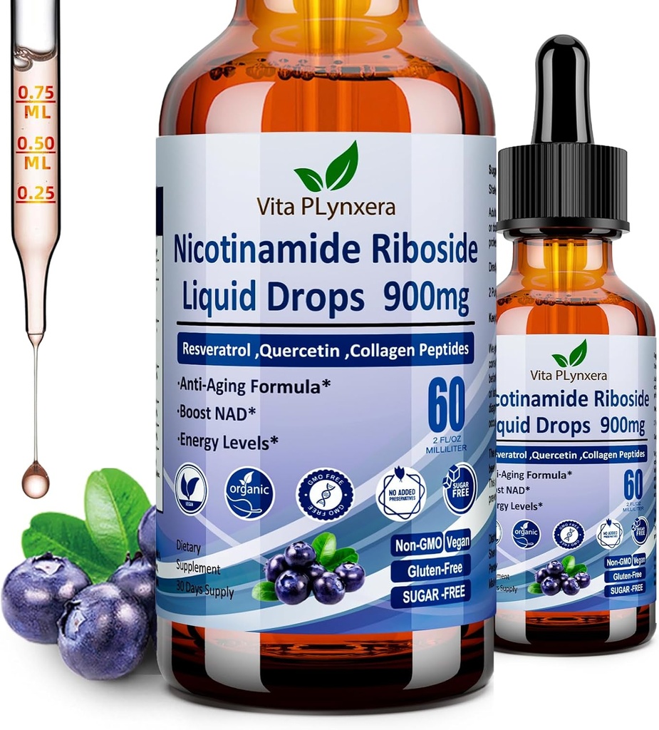 NAD Ergänzungen für Frauen und Männer, NAD Nicotinamid Riboside Resveratrol 900mg & Quercetin, Niacin, Collagen, Biotin, Liquid NAD Plus Supplement NR900 für Anti-Aging Skin Energy Longevity Focus Brain