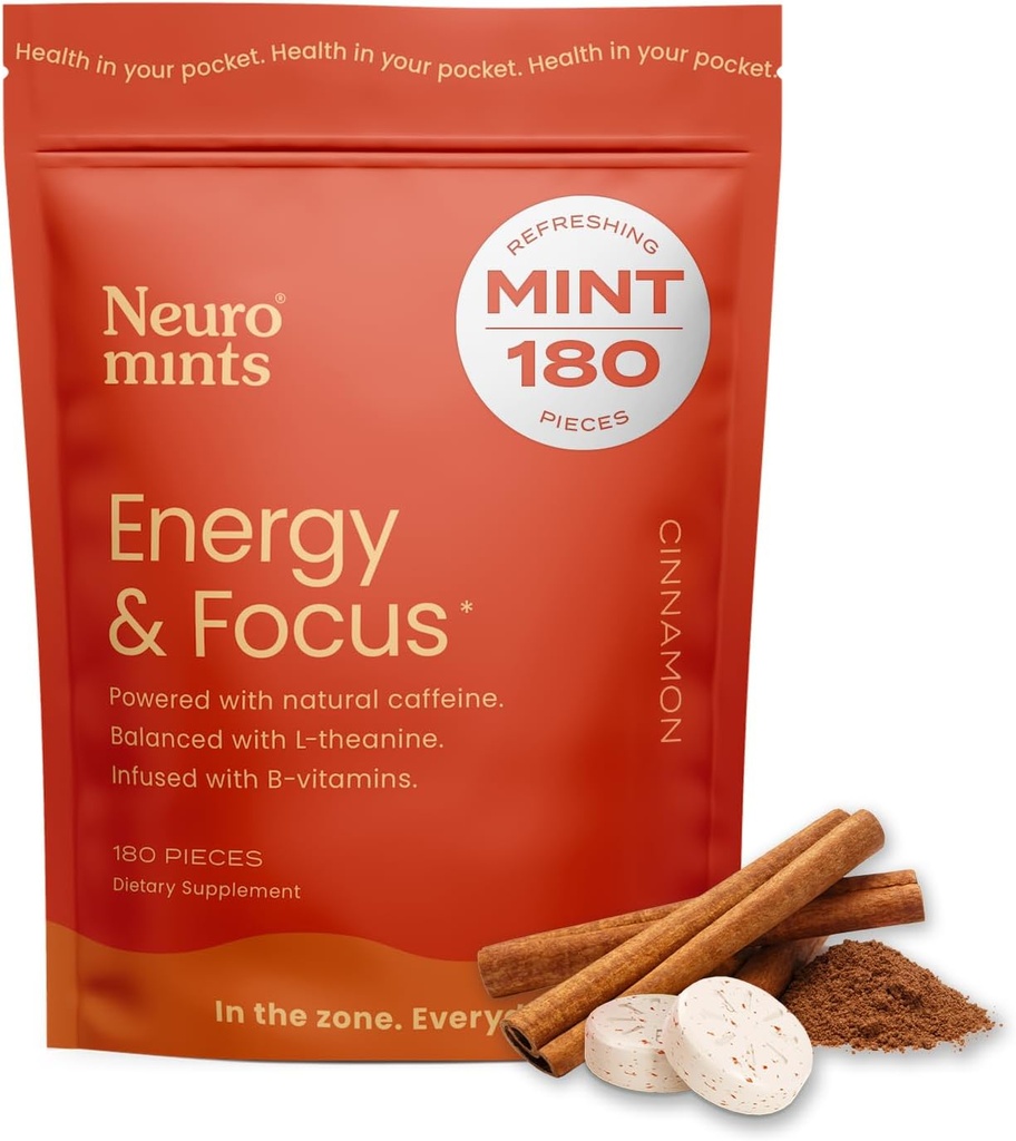 NeuroGum Energie Koffein Minze (180 Stück) - Zuckerfrei mit L-Theanin + Natürliches Koffein + Vitamin B12 & B6 - Nootropic Energy & Focus Supplement für Damen & Herren - Keto & Vegan, Cinnamon Flavor