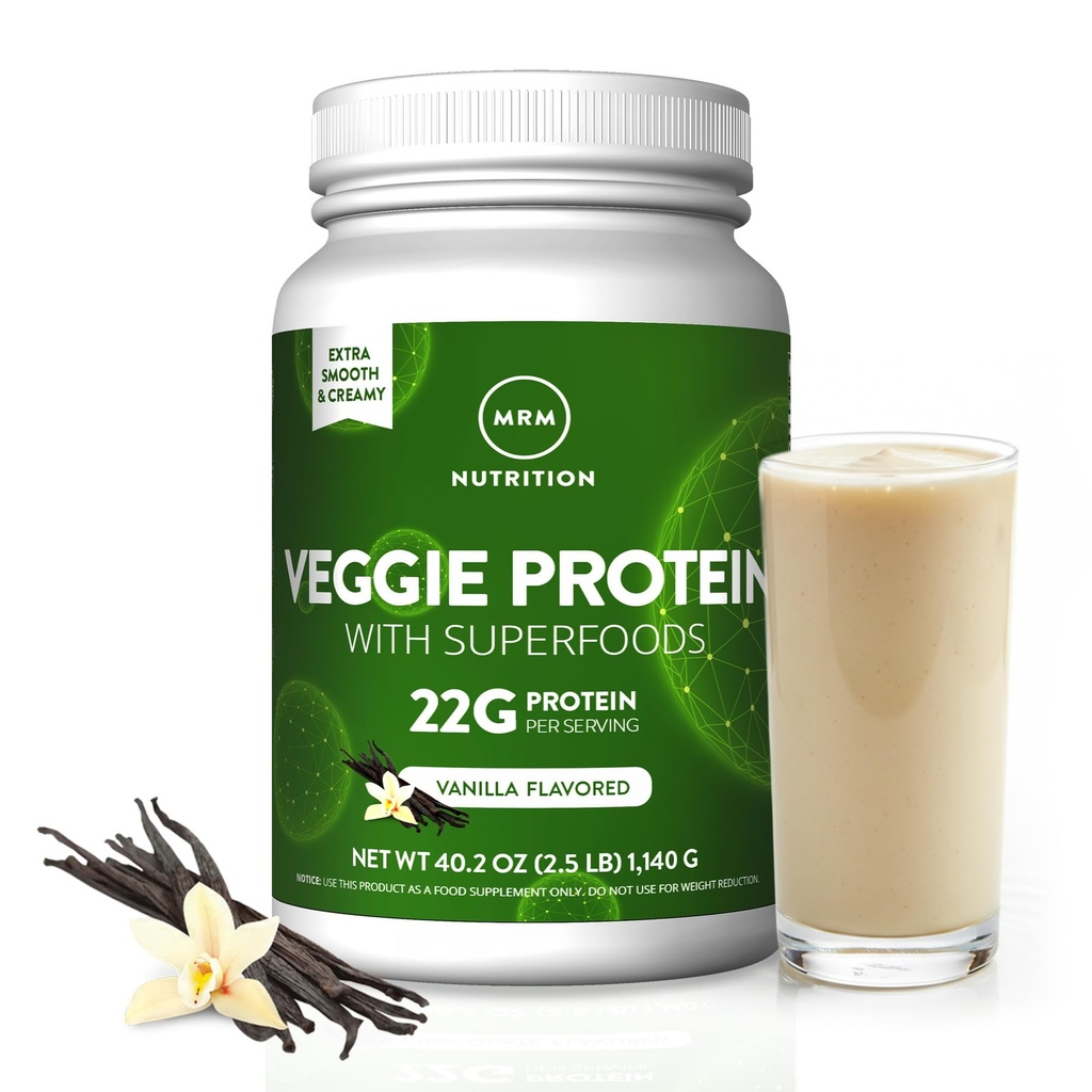 MRM Nutrition Veggie Protein mit Superfoods | Vanilla Flavored | 22g Complete Protein | Über 8.8g Essential Aminosäuren | 13 Superfoods | mit Omega 3s und Omega6s | Keto Friendly | 15 Servietten