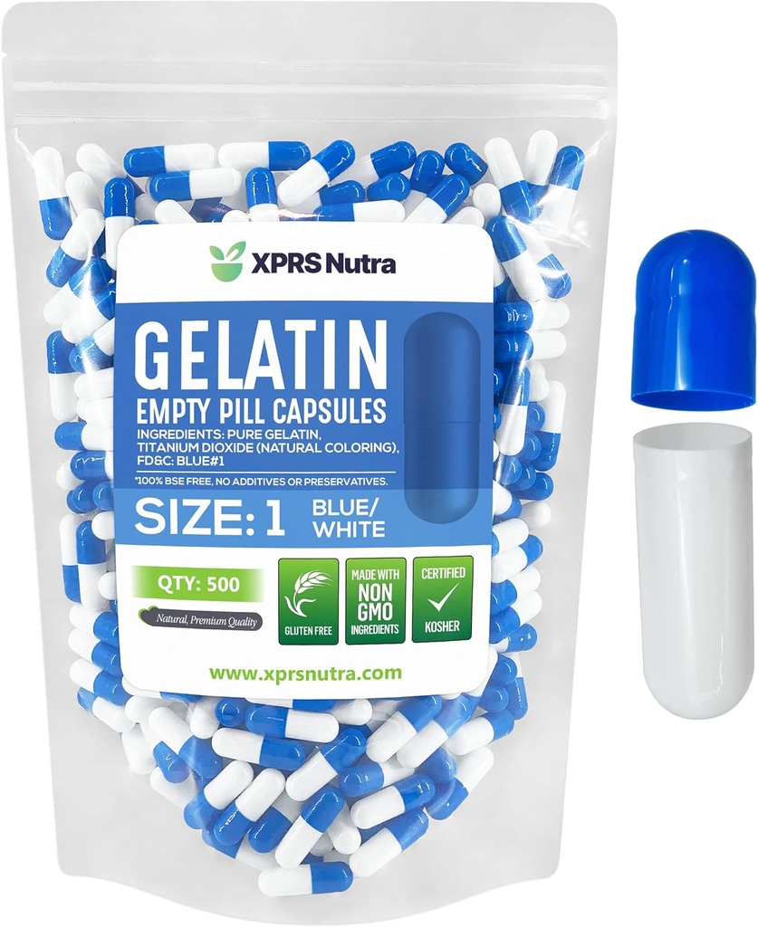 XPRS Nutra Größe 1 Leere Kapseln - 500 Graf Leere Gelatine Kapseln - Pille DIY Kapsel Füllung - Pure Bovine Pill Gel Kapseln für Do-It-Yourself Ergänzungen (blau/weiß)