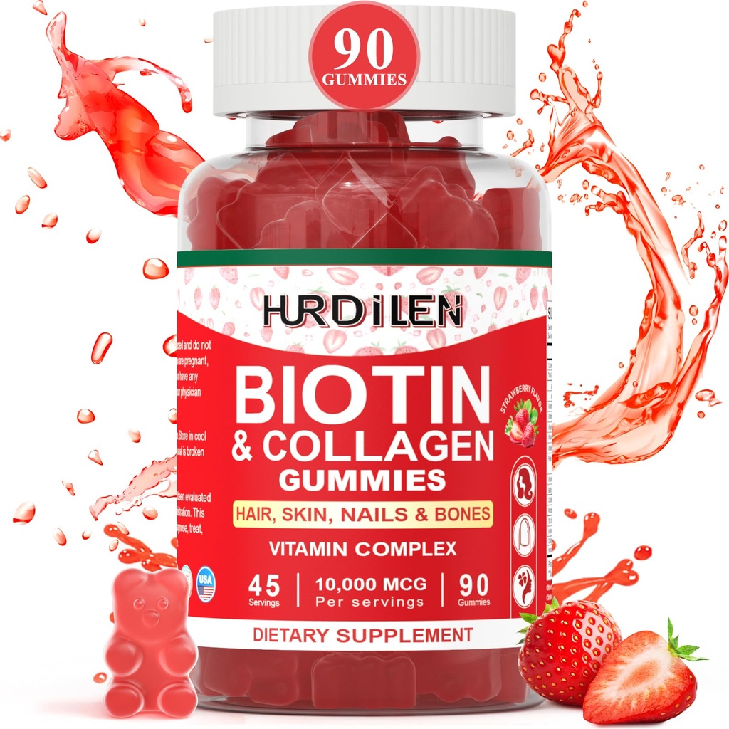Haar- und Nails-Gummi, 10000mcg Biotin Collagen-Gummi für Damen und Herren, Vitamin-Ergänzungen unterstützt schnelleres Haarwachstum, stärkere Nägel, Gesunde Haut, Stärke Knochen, 90 Gummi