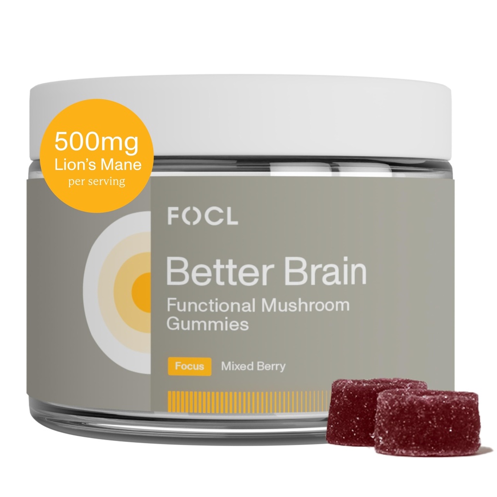 FOCL Lions Mane Mushroom Gummi - Pilzergänzung für Gehirnfunktion, Fokus, Gedächtnis, Energie, Immune Boost, Stamina - Nootropic Complex Lion's Mane, Reishi, Cordyceps - Vegan, Glutenfrei, Organisch