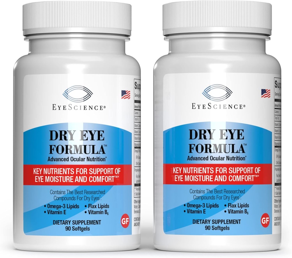 EyeScience - Dry Eye Formula - 90 Softgels - for Relief, Omega3, Vitamins E, C & B6, Magnézium - Tear Production & Lasting Comfort - 2 Pack