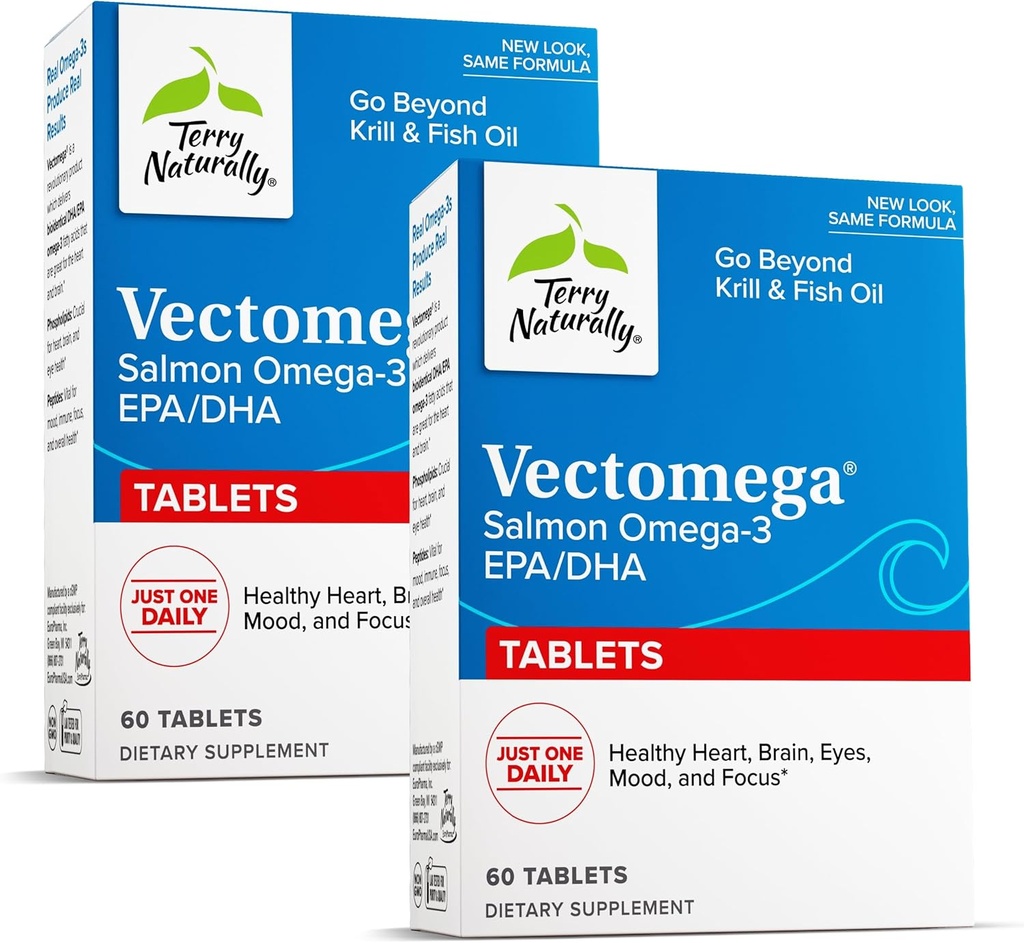 Terry Natürlich Vectomega - Ergänzung mit EPA & DHA - Omega-3 Tabletten für Gehirn & Herz-Gesundheit Unterstützung - Nahrungsergänzung mit essentiellen Fettsäuren & Peptide - 60 Tabletten (Pack von 2)